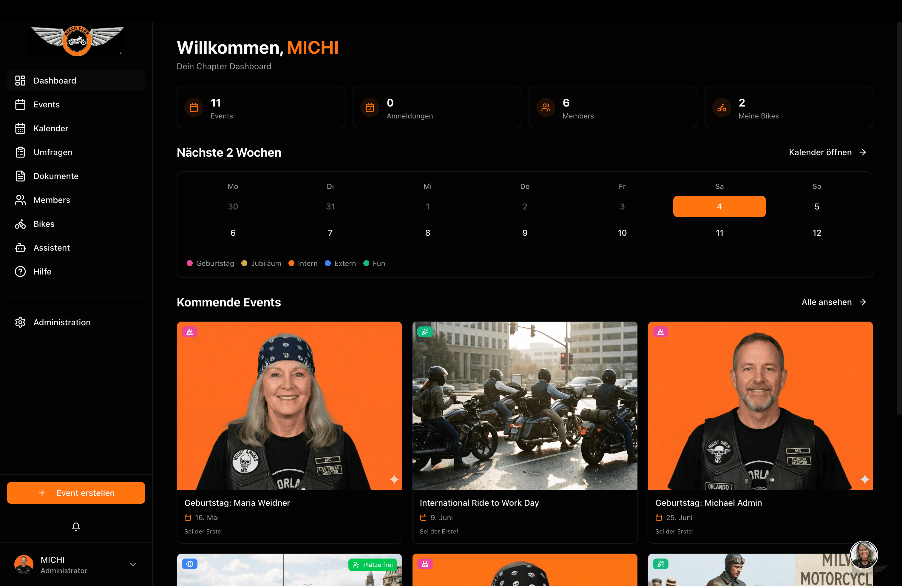 Dashboard Preview - Zentrale Übersicht mit Event-Slider und Statistiken